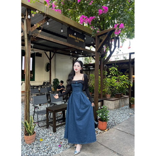 Set đầm midi denim 2s kèm khoác crop đen