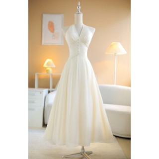 SÒ VINTAGE - IVORY đầm cổ yếm xếp li eo phom xòe