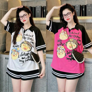   Set bộ đùi polo chất cotton su form rộng tay lỡ - Set 3 cô gái