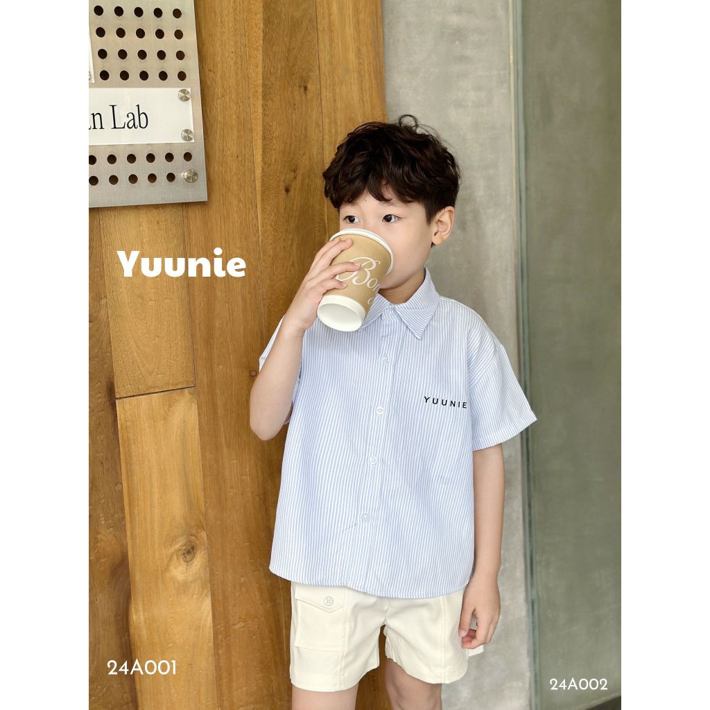Áo sơ mi bé trai Yuunie dài tay kẻ xanh phong cách Hàn Quốc chất liệu somi cotton mềm mại cho bé đi học đi chơi A004