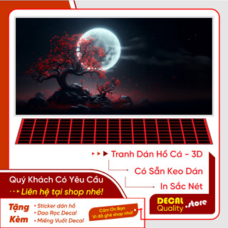 Tranh 3d Decal có sẵn keo, Tranh Dán Bể Cá Thủy Sinh, Bể Cá Rồng - Trăng và Hoa - Nhiều Kích Thước