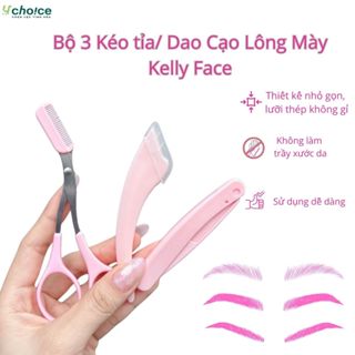 Dao cạo lông mày 3 món lưỡi thép nhà Kelly gồm kéo tỉa chân mày, bộ dụng cụ 2 dao cạo gấp gọn.