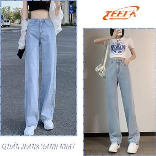 Quần jean nữ ống suông rộng cạp cao màu xanh nhạt TEEFA, Quần ống rộng nữ lưng cao style hàn quốc