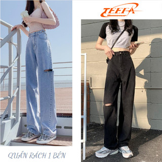 Quần Jean ống rộng nữ lưng cao rách 1 gối tạo sự cá tính, Quần bò ống rộng lưng cao