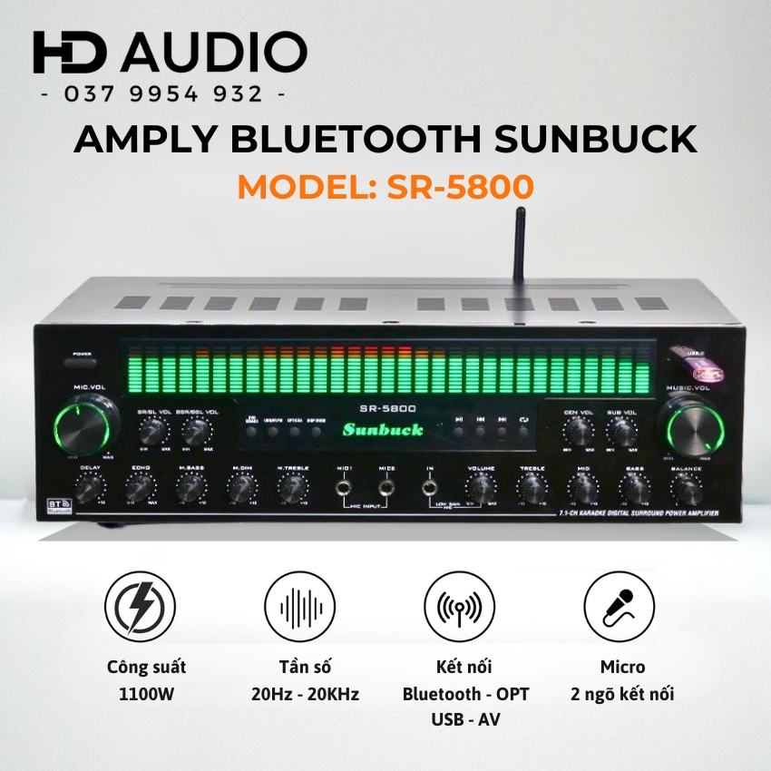 Amply Karaoke Bluetooth Sunbuck 7.1  SR-5800, Công Suất Lớn 1100W, Âm Ly Gia Đình 7 Kênh, 8 Sò, Chất Âm Hay, Bass Khỏe