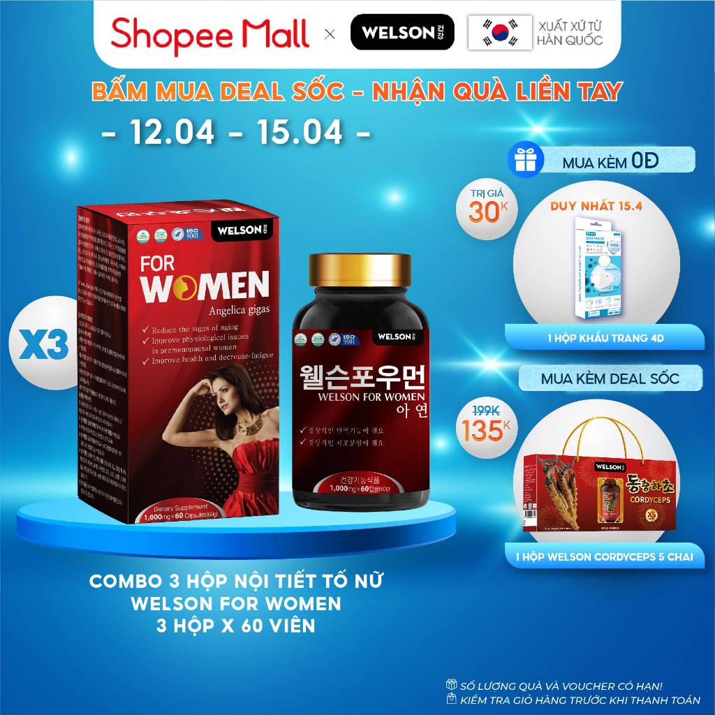 Combo 3 Hộp Viên uống Nội Tiết Tố Nữ Đẹp Da Welson For Women 60 Viên