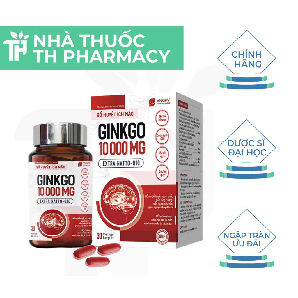 [🚨RẺ VÔ ĐỊCH🚨] Bổ huyết ích não GINKGO 10000 ĐỎ MG EXTRA NATTO Q10- VNGPV-Hộp 30 viên TH Pharmacy