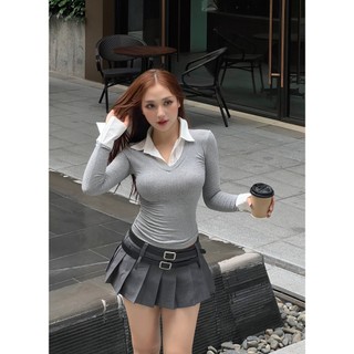 Áo sơ mi phối thun đen xám