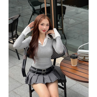 Áo sơ mi phối thun đen xám