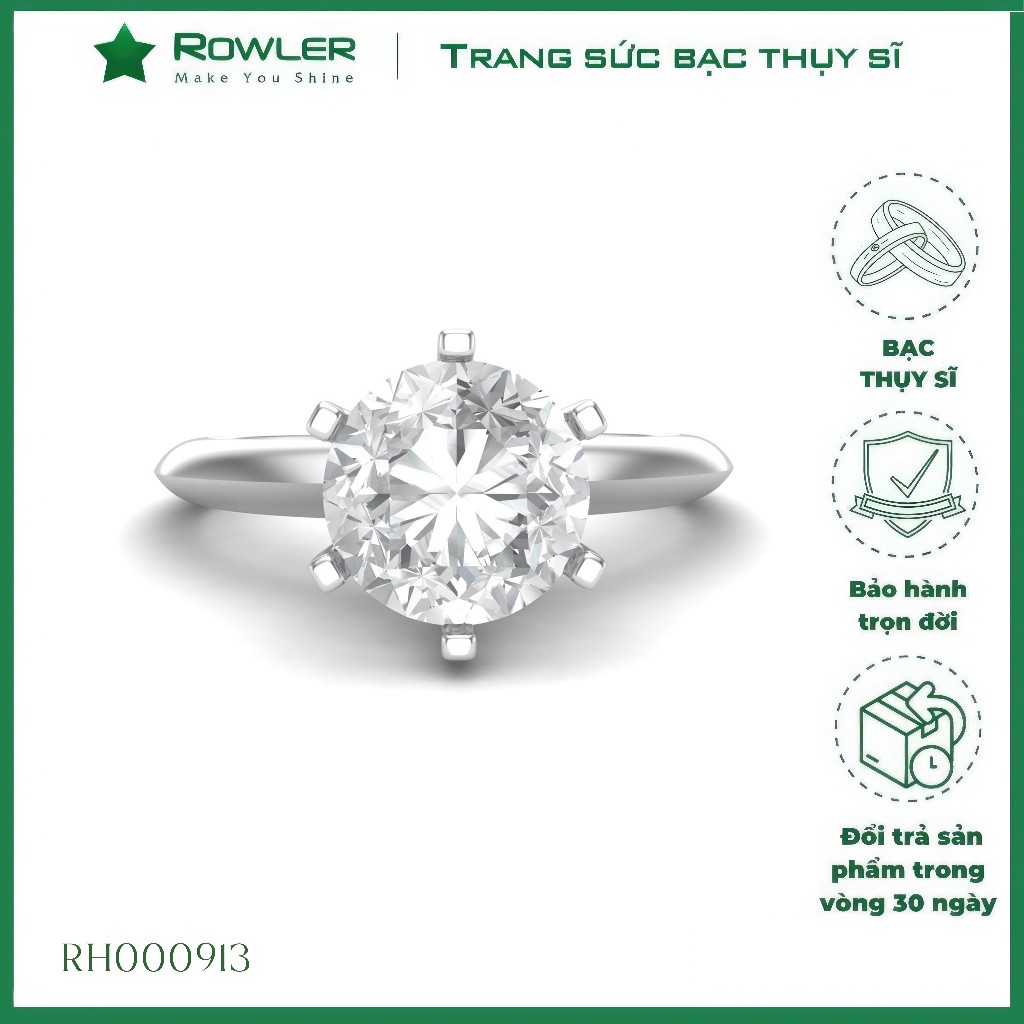 Nhẫn Solitaire bạcThụy Sỹ 925 đính đá Moissanite  5.0ly dơn giản sang trọng_ROWLER_ RH000933