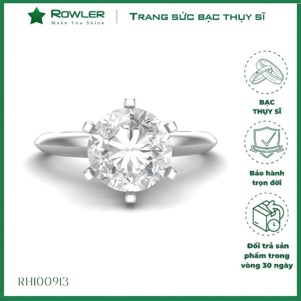 Nhẫn bạc nữ trơn đính đá Moissanite 7.0ly cao cấp trang sức bạc cao cấp ROWLER RH100933