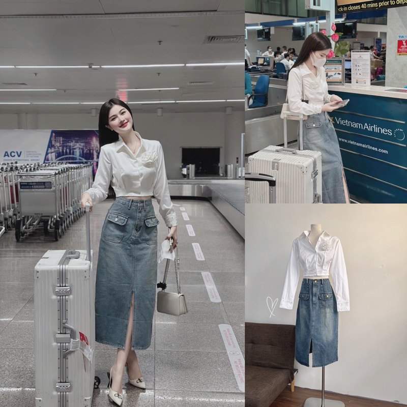 SET CROP DẠ NÚT BỌC + CV XẾP LI