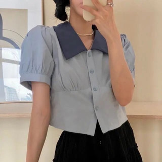 ÁO SƠ MI XANH CROPTOP