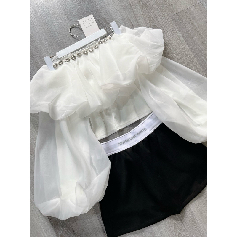 THE2001STORE | Áo trễ vai nữ đính đá voan bồng 2 lớp phong cách sexy sang chảnh
