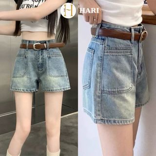 Quần short jean Hari quần đùi nữ bò ngắn cạp cao phối túi trước hàn quốc 7295 P4K9