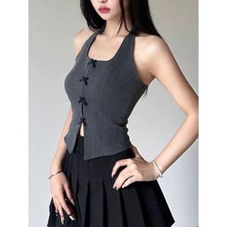 Áo gile 4 nơ xám đen cổ yếm