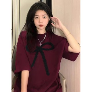 2024 Áo phông nữ form rộng local brand Đỏ mận nơ in ấn cổ tròn dáng rộng áo thun 100%cotton