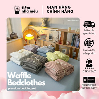 Bộ 4 món chăn mền ga gối đũi nhúm waffle phong cách vintage hàn quốc mềm mại fullsize tiệm nhà mêu