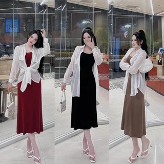 Đầm nữ dáng dài body 2 dây chất tăm lạnh kèm áo khoác tơ dễ thương tôn dáng