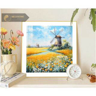 Tranh đơn vuông Canvas cao cấp Cánh Đồng Hoa Dễ Thương Quê Châu Âu Cối Xoay Gió Bình Yên Decor phòng khách MELYHOME
