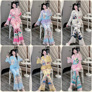  Đồ bộ Pyjama nữ tay dài tiểu thư tay loe lụa xước phối von cao cấp nhiều hình xinh