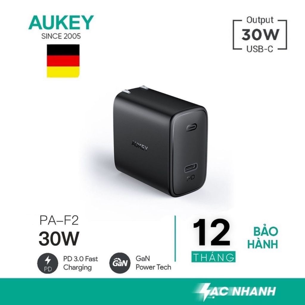 Củ sạc nhanh, bộ sạc nhanh Aukey PA-F2 30W chính hãng, cục sạc nhanh Type C PD, củ sạc cho iphone