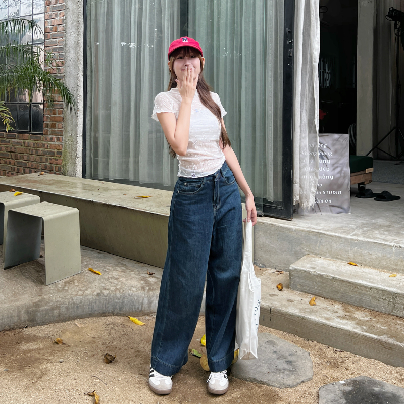 Quần jeans bò ống rộng Meisy vải denim màu xanh đậm màu xanh nhạt chất jeans mềm mặc mùa hè mát không co giãn Meisy | BigBuy360 - bigbuy360.vn