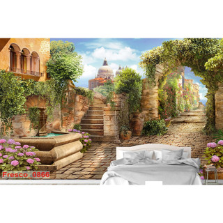 Tranh dán tường 3d phong cảnh châu âu chất liệu vải lụa-in theo kích thước yêu cầu