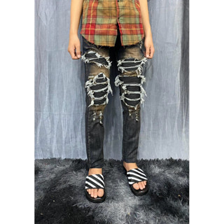 Quần jeans AMIRI màu bẩn vá da cứng loang to XX ( ảnh thật) hàng 4 khuy