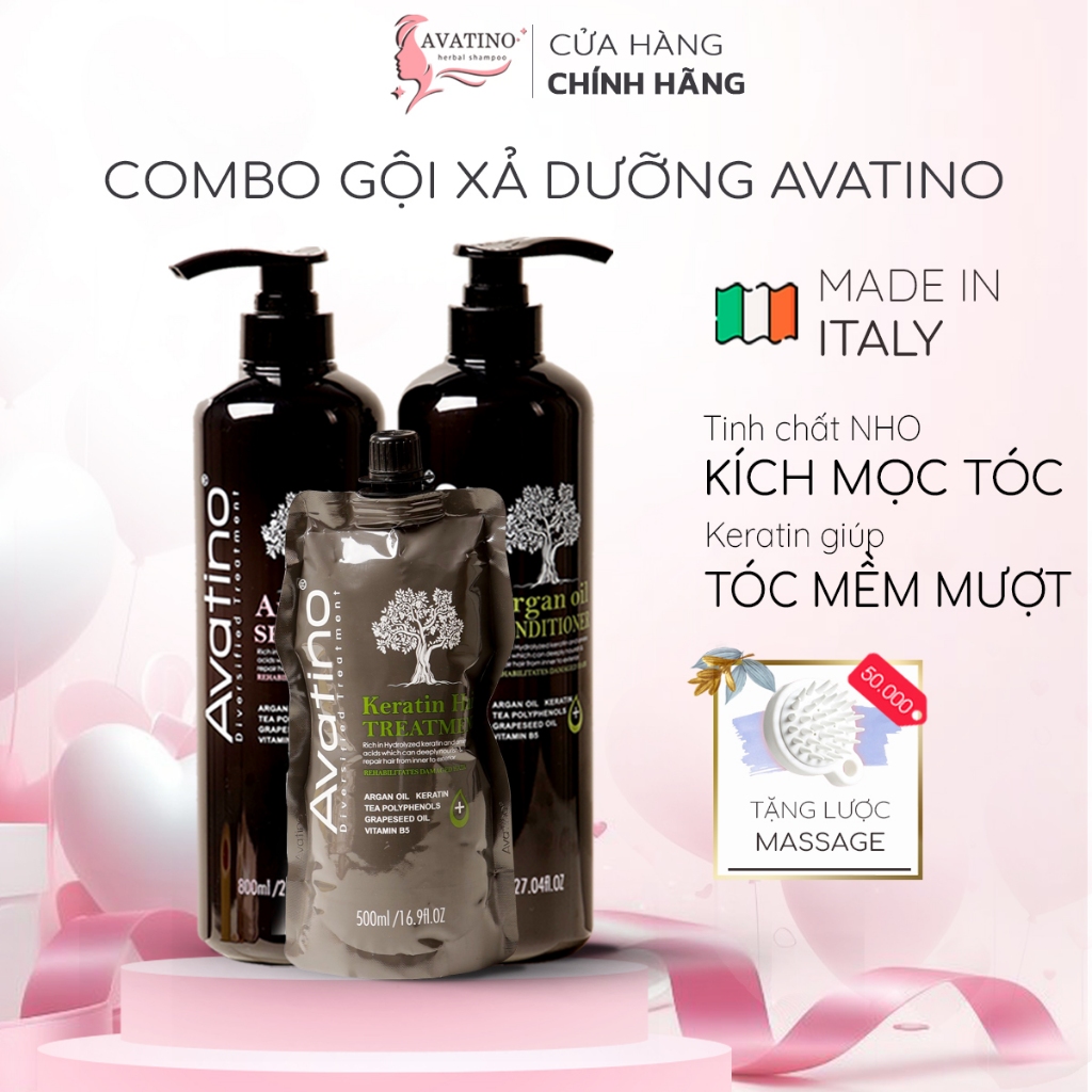 Combo 3 Dầu gội xả dưỡng AVATINO hương nước hoa, sạch gàu, ủ phục hồi tóc hư tổn AVATINO chai 800ml