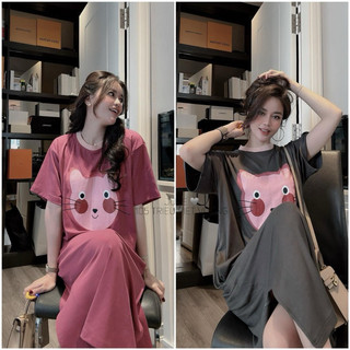 Váy suông cổ trắng hình mèo 2m ghi hồng