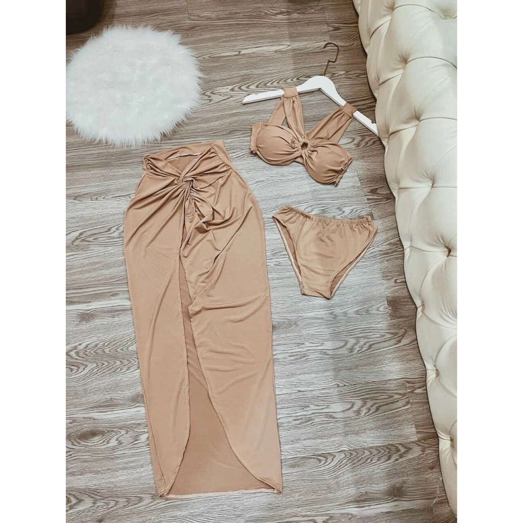 Set 3 bikini Hồ Ngọc Hà xanh cốm hottrend kèm áo váy choàng khoác ngoài S08