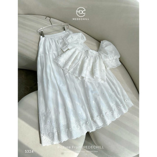Set Váy Tiểu Thư Dạo Phố MEDECHILL Áo Ren Thêu Hoa Cổ Vuông Phối Nơ Kèm Chân Váy Suông Dài Che Khuyết Điểm Tốt S324
