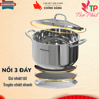 NỒI INOX 3 ĐÁY mẫu mới SUNHOUSE ĐỦ SIZE 16/20/24/28/30/32CM