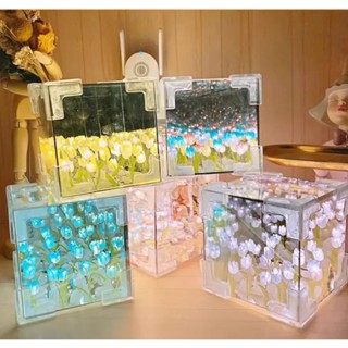 Đèn Ngủ Hoa Tulip Khung Vuông hiệu ứng vạn hoa  Handmade tự làm Trang Trí Phòng Ngủ  - Quà tặng ý nghĩa