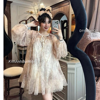 Đầm tơ babydoll phối họa tiết có lót bên trong tay dài siêu thời trang!