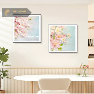 Tranh đơn vuông Canvas Hoa Đào Tao Nhã Đẹp Sơn Dầu Màu Pastel Ngọt Ngào Dễ Thương Decor phòng khách phòng ngủ MELYHOME