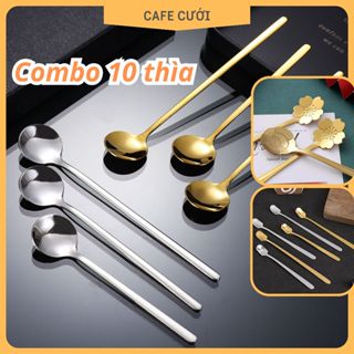 COMBO 10 Thìa muỗng inox pha cà phê mạ vàng/bạc cao cấp đầu tròn/vuông/hoa phong cách Hàn Quốc bóng 2 mặt dễ thương