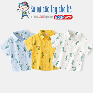 Áo sơ mi cộc tay cho bé WAPYPY áo sơ mi bé trai hoạ tiết khủng long chất cotton mẫu mới 2024