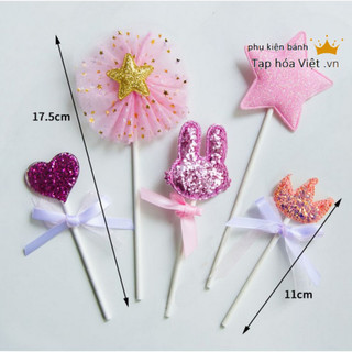 Bộ 5 món tai Thỏ Vương Miện tim sao trang trí bánh sinh nhật, topper cake