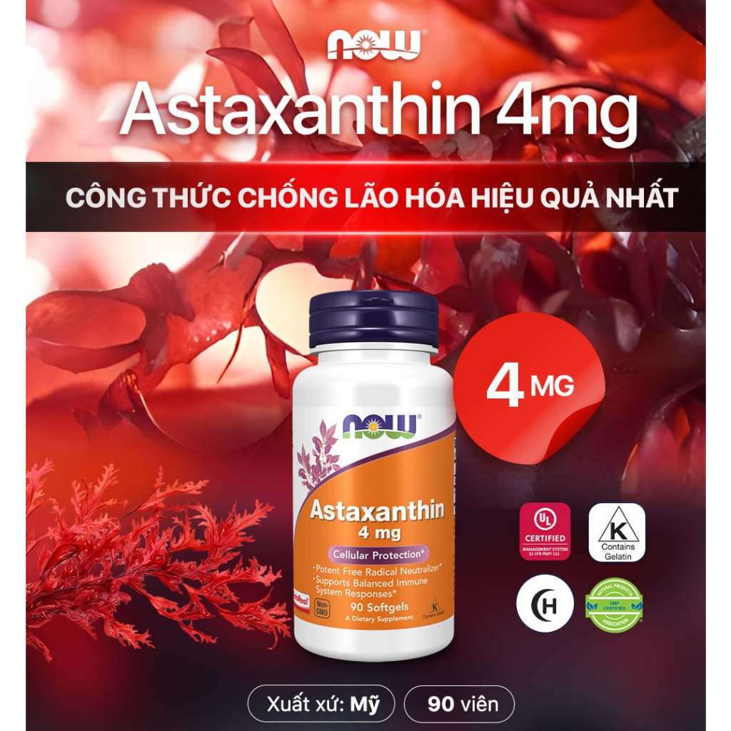 Viên uống chống lão hóa Astaxanthin 4mg Now của Mỹ, chống oxy hóa mạnh, đẹp da, cải thiện thị lực