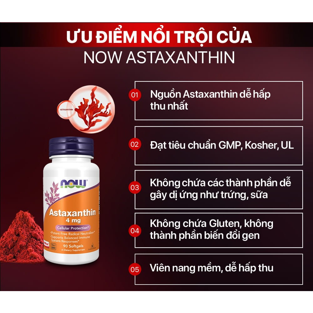 Viên uống chống lão hóa Astaxanthin 4mg Now của Mỹ, chống oxy hóa mạnh, đẹp da, cải thiện thị lực