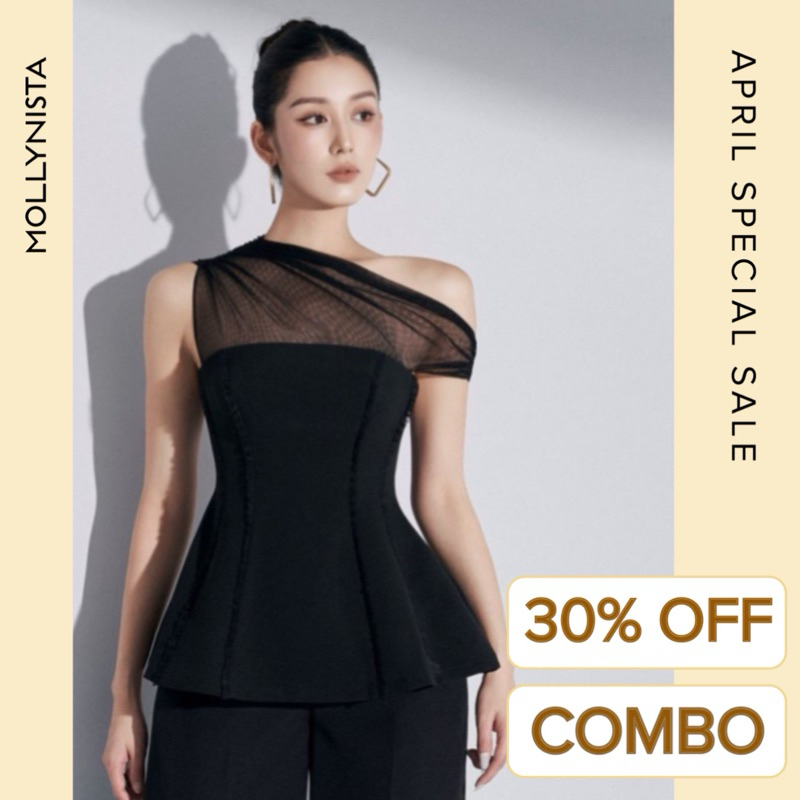 MOLLYNISTA Áo thiết kế peplum phối lưới lệch vai quyến rũ thanh lịch nữ tính cao cấp đi chơi đi tiệc