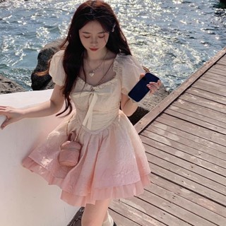 Đầm nữ loang màu/ombre hai màu vải dập nổi đặc biệt tay bồng che khuyết điểm có nơ trước ngực phù hợp đi chơi, hẹn hò