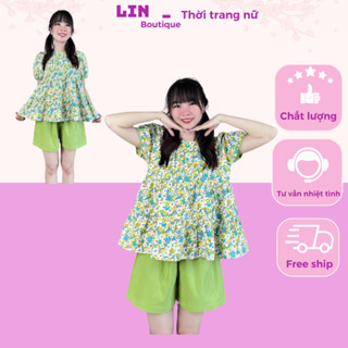 Set babydoll bộ nữ kèm quần - Lin boutique tay phồng xếp ly dọc hoa nhí mùa hè size từ  40kg- 55kg  