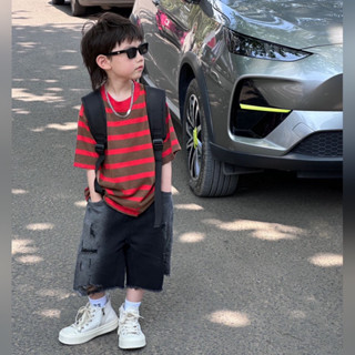 Áo thun cộc tay bé trai sọc đỏ rách gấu A482 size 90-150, áo phông trẻ em mùa hè cao cấp