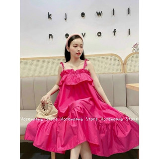  Váy babydoll bèo chun tiểu thư tặng tag cài đá, đầm maxi bigsize đi chơi đi biển