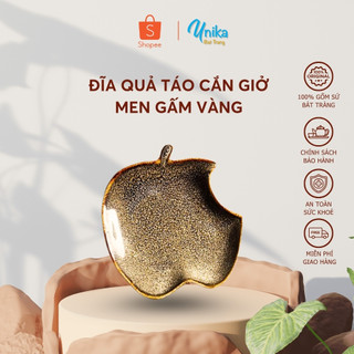 Đĩa Quả Táo Cắn Giở Men Gấm Vàng (4 size) - Đĩa Logo Iphone Đẳng Cấp - Gốm Sứ Cao Cấp Bát Tràng