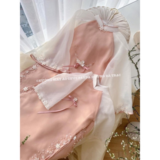[SẴN NHIỀU CÓ BIGSIZE] ÁO DÀI NỮ HỒNG NUDE VOAN TƠ 4 TÀ KẾT HOA NỔI CAO CẤP KHÔNG KÈM QUẦN ĐI TIỆC, ĐÁM CƯỚI, ĐÁM HỎI