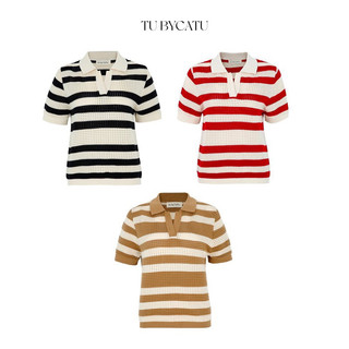 TUBYCATU | Áo dệt kim cổ polo sọc màu đen/ nâu/ đỏ full stripe polo